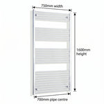 750mm x 1600mm Chrome Flat Towel Rail Dimensions and Specification Diagram