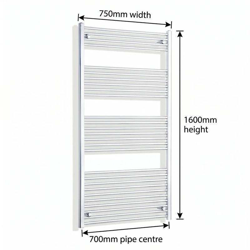 750mm x 1600mm Chrome Flat Towel Rail Dimensions and Specification Diagram