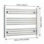 750mm x 600mm Chrome Flat Towel Rail Dimensions and Specification Diagram