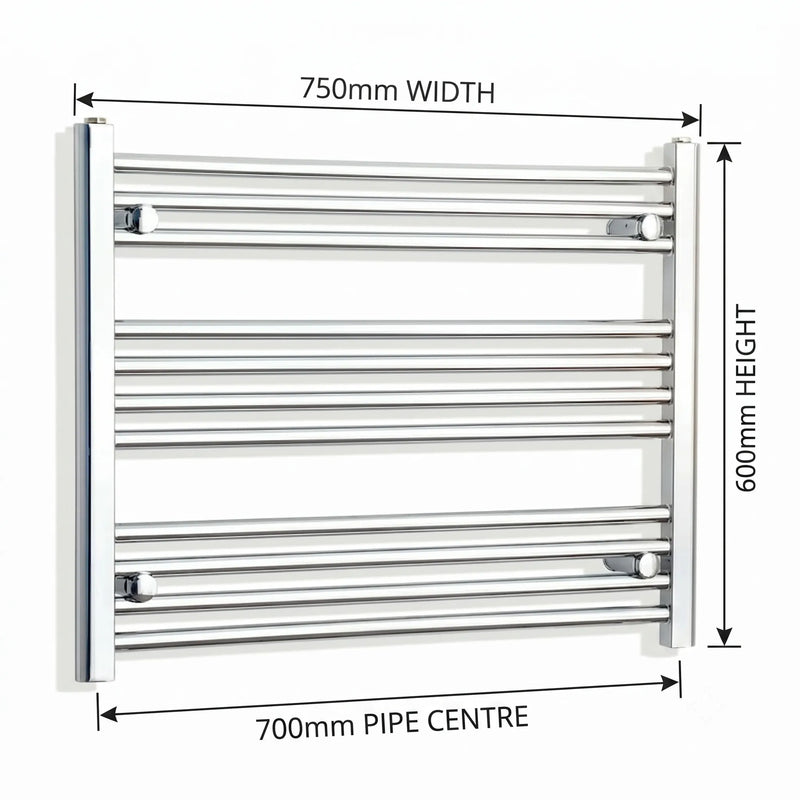 750mm x 600mm Chrome Flat Towel Rail Dimensions and Specification Diagram