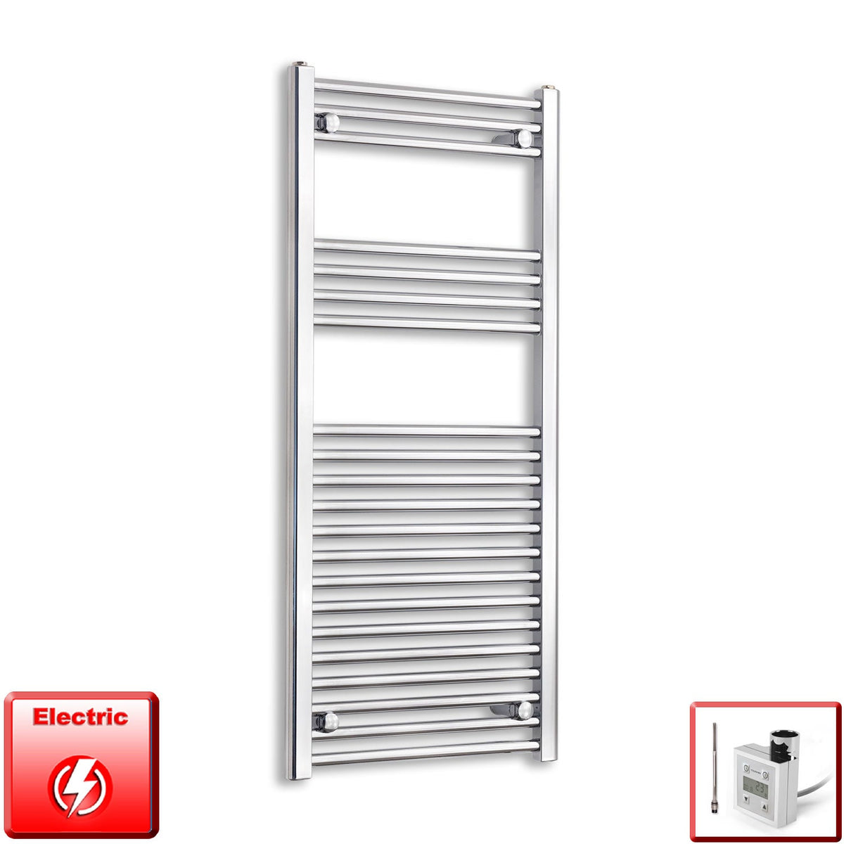 600mm Wide 1100mm High Pre-Filled Chrome Electric Towel Rail Radiator With Thermostatic KTX3 Element
