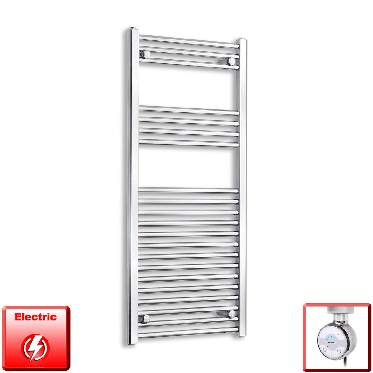 600mm Wide 1100mm High Pre-Filled Chrome Electric Towel Rail Radiator With Thermostatic MOA Element