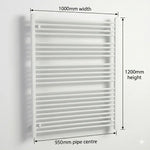 1000mm x 1200mm White Flat Towel Rail Dimensions and Specification Diagram
