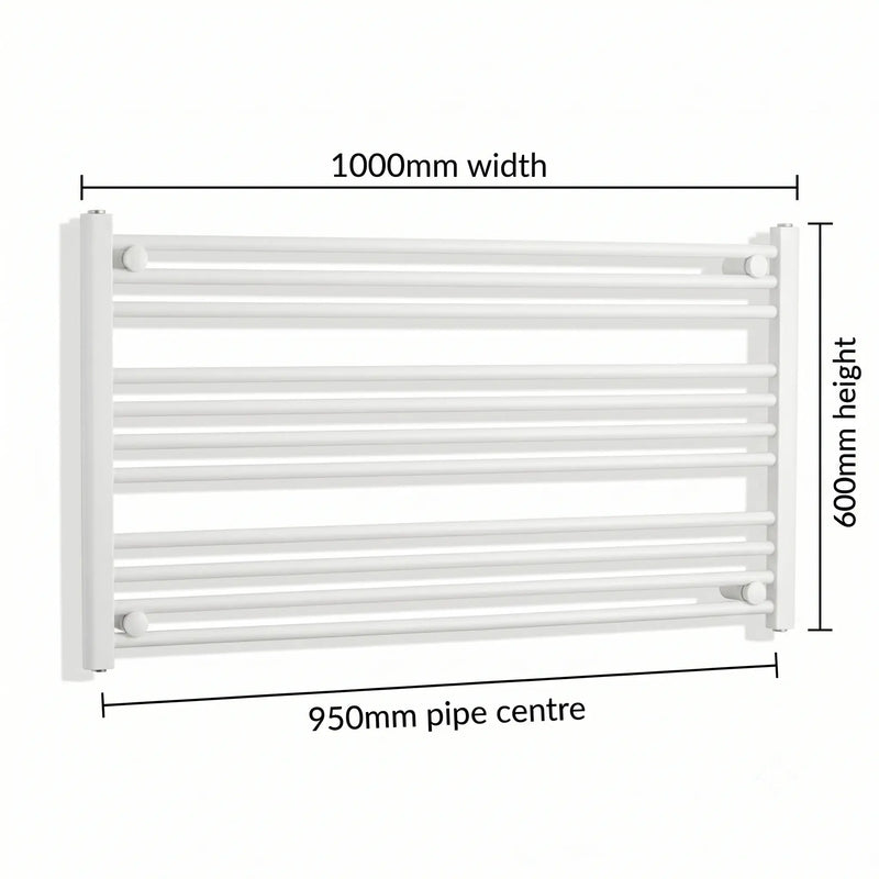 1000mm x 600mm White Flat Towel Rail Dimensions and Specification Diagram
