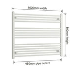 1000mm x 800mm White Flat Towel Rail Dimensions and Specification Diagram