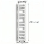 200mm x 1000mm White Flat Towel Rail Dimensions and Specification Diagram