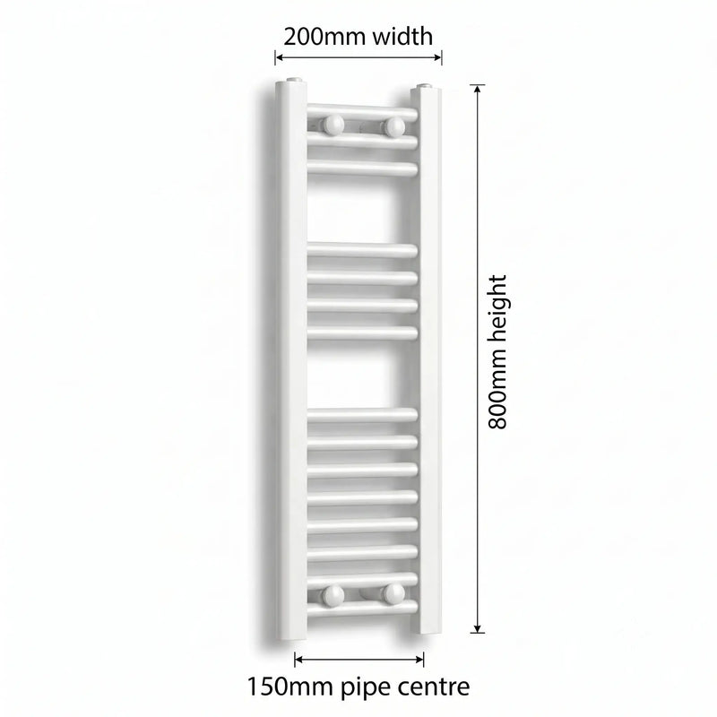 200mm x 800mm White Flat Towel Rail Dimensions and Specification Diagram