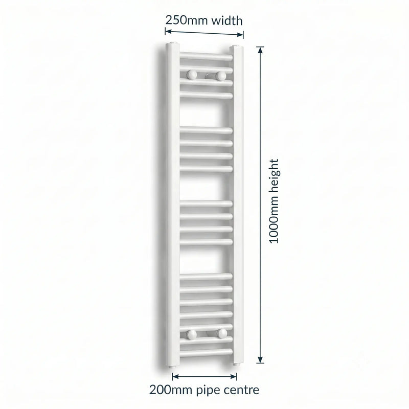 250mm x 1000mm White Flat Towel Rail Dimensions and Specification Diagram