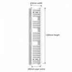 250mm x 1200mm White Flat Towel Rail Dimensions and Specification Diagram