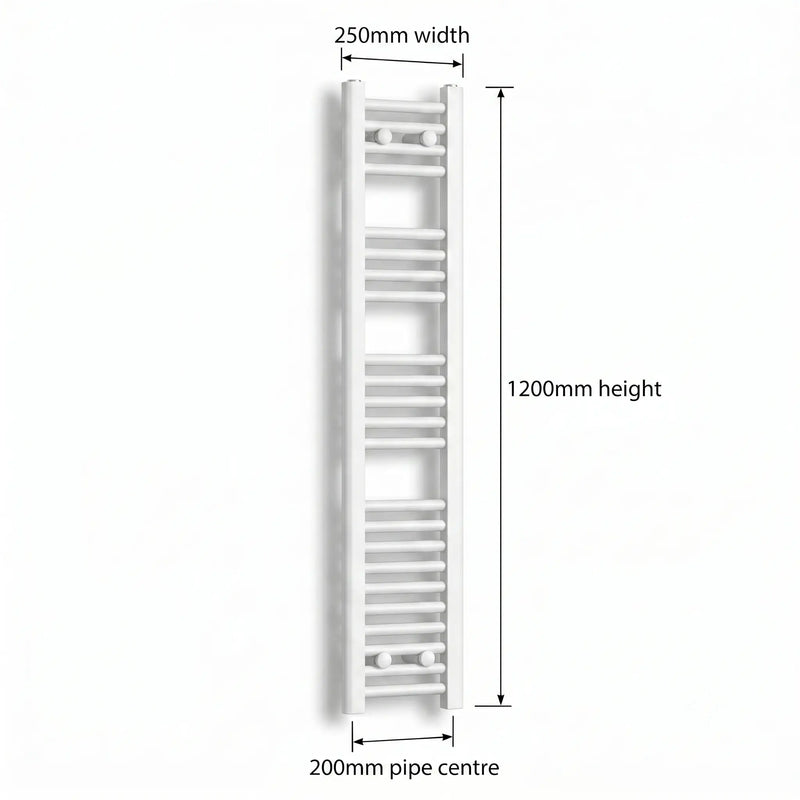 250mm x 1200mm White Flat Towel Rail Dimensions and Specification Diagram