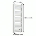 300mm x 1000mm White Flat Towel Rail Dimensions and Specification Diagram