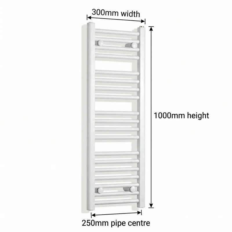 300mm x 1000mm White Flat Towel Rail Dimensions and Specification Diagram