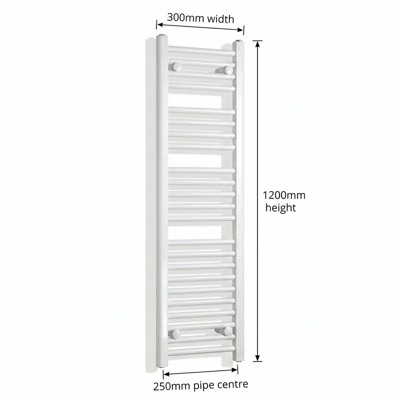 300mm x 1200mm White Flat Towel Rail Dimensions and Specification Diagram