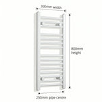 300mm x 800mm White Flat Towel Rail Dimensions and Specification Diagram