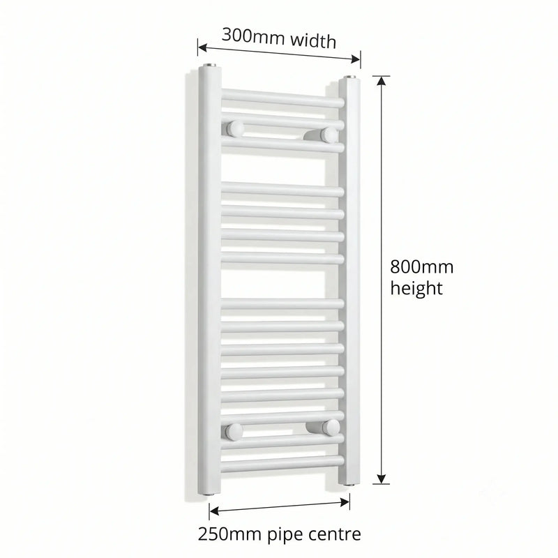 300mm x 800mm White Flat Towel Rail Dimensions and Specification Diagram