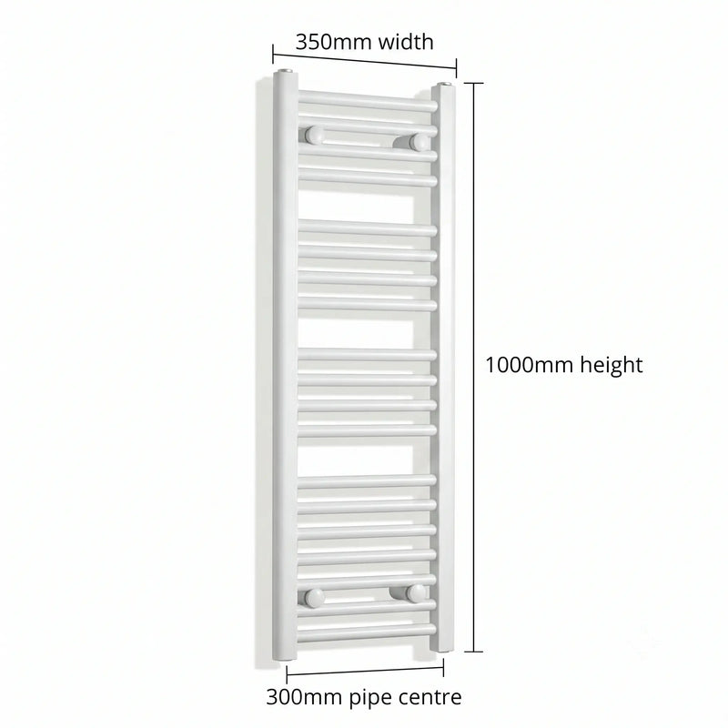 350mm x 1000mm White Flat Towel Rail Dimensions and Specification Diagram