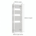 400mm x 1200mm White Flat Towel Rail Dimensions and Specification Diagram