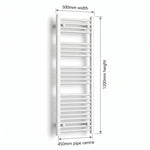 500mm x 1200mm White Flat Towel Rail Dimensions and Specification Diagram