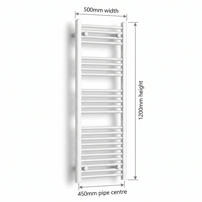 500mm x 1200mm White Flat Towel Rail Dimensions and Specification Diagram