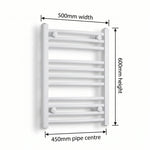 500mm x 600mm White Flat Towel Rail Dimensions and Specification Diagram