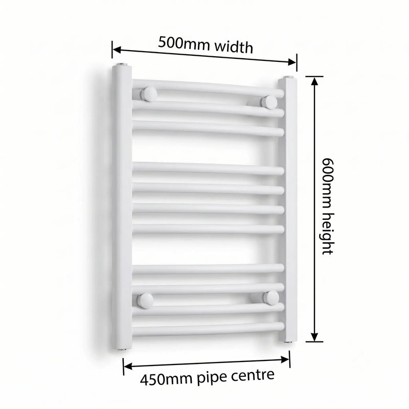 500mm x 600mm White Flat Towel Rail Dimensions and Specification Diagram