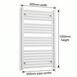 600mm x 1000mm White Flat Towel Rail Dimensions and Specification Diagram