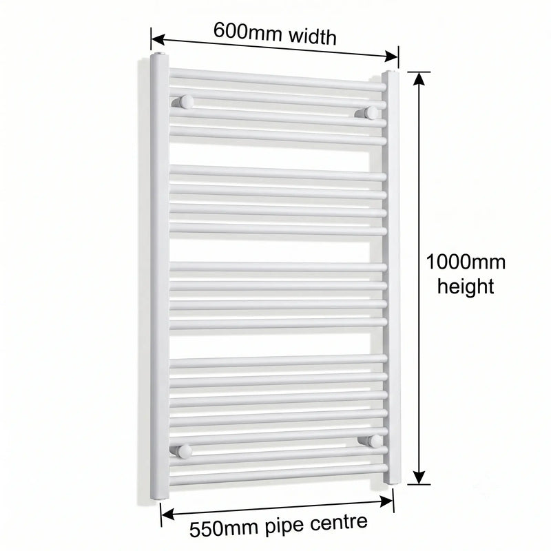 600mm x 1000mm White Flat Towel Rail Dimensions and Specification Diagram