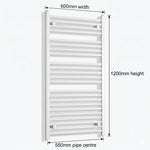 600mm x 1200mm White Flat Towel Rail Dimensions and Specification Diagram