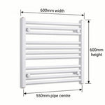 600mm x 600mm White Flat Towel Rail Dimensions and Specification Diagram