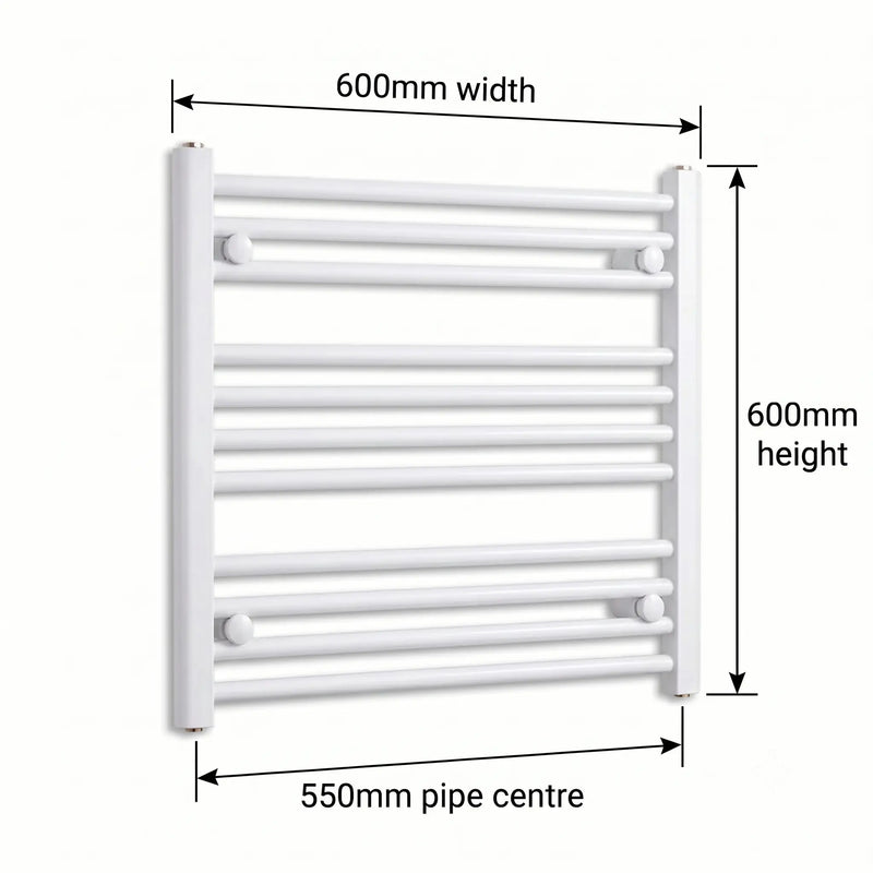 600mm x 600mm White Flat Towel Rail Dimensions and Specification Diagram