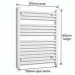 600mm x 800mm White Flat Towel Rail Dimensions and Specification Diagram