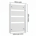 700mm x 1000mm White Flat Towel Rail Dimensions and Specification Diagram