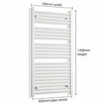 700mm x 1200mm White Flat Towel Rail Dimensions and Specification Diagram