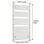 750mm x 1200mm White Flat Towel Rail Dimensions and Specification Diagram