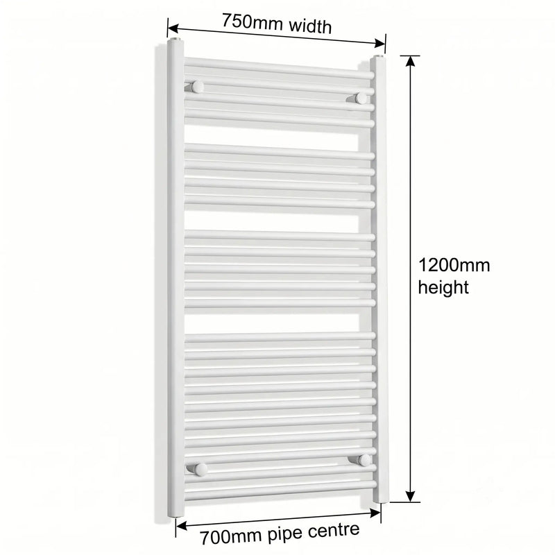 750mm x 1200mm White Flat Towel Rail Dimensions and Specification Diagram