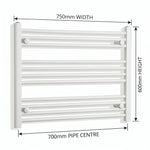 750mm x 600mm White Flat Towel Rail Dimensions and Specification Diagram
