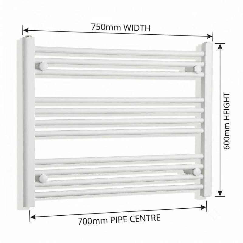 750mm x 600mm White Flat Towel Rail Dimensions and Specification Diagram