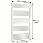 800mm x 1400mm White Flat Towel Rail Dimensions and Specification Diagram