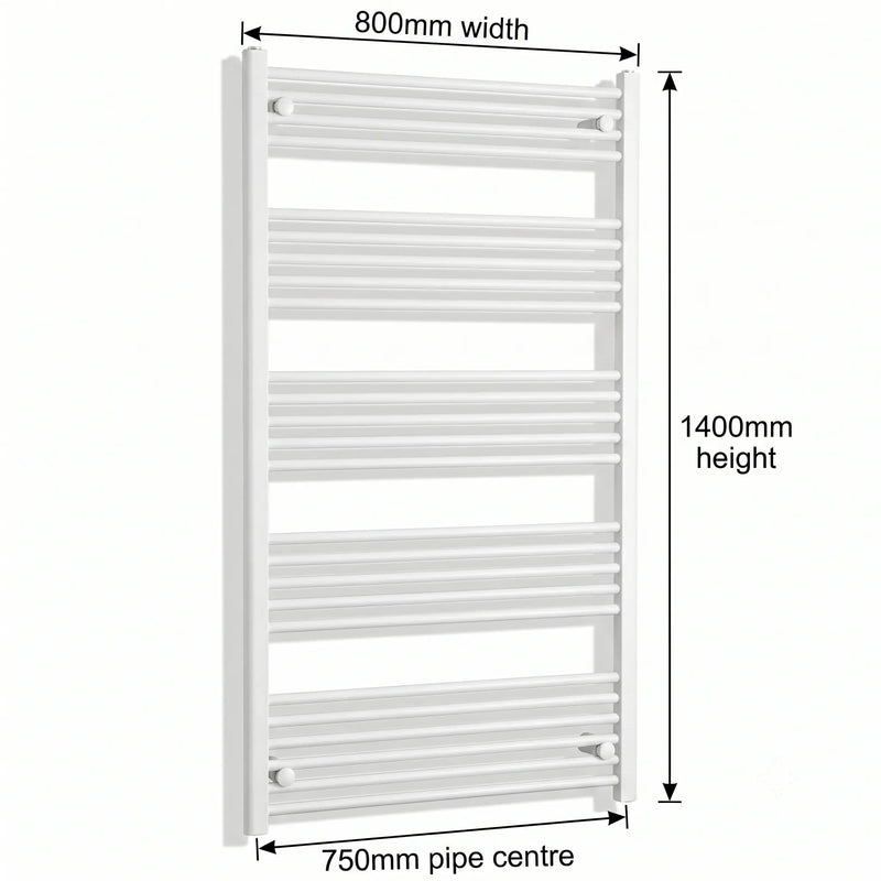 800mm x 1400mm White Flat Towel Rail Dimensions and Specification Diagram