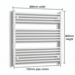 800mm x 800mm White Flat Towel Rail Dimensions and Specification Diagram