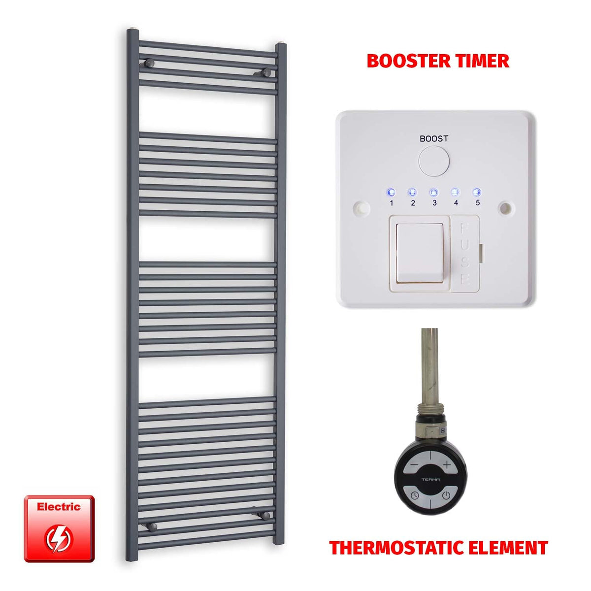 1800mm High 600mm Wide Flat Anthracite Pre-Filled Electric Heated Towel Rail Radiator HTR MOA Thermostatic element Booster timer