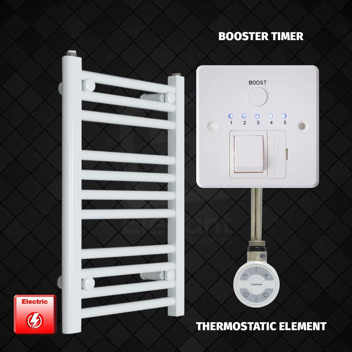 600 mm High 400 mm Wide Pre-Filled Electric Heated Towel Rail Radiator White HTR Thermostatic Element With Booster Timer