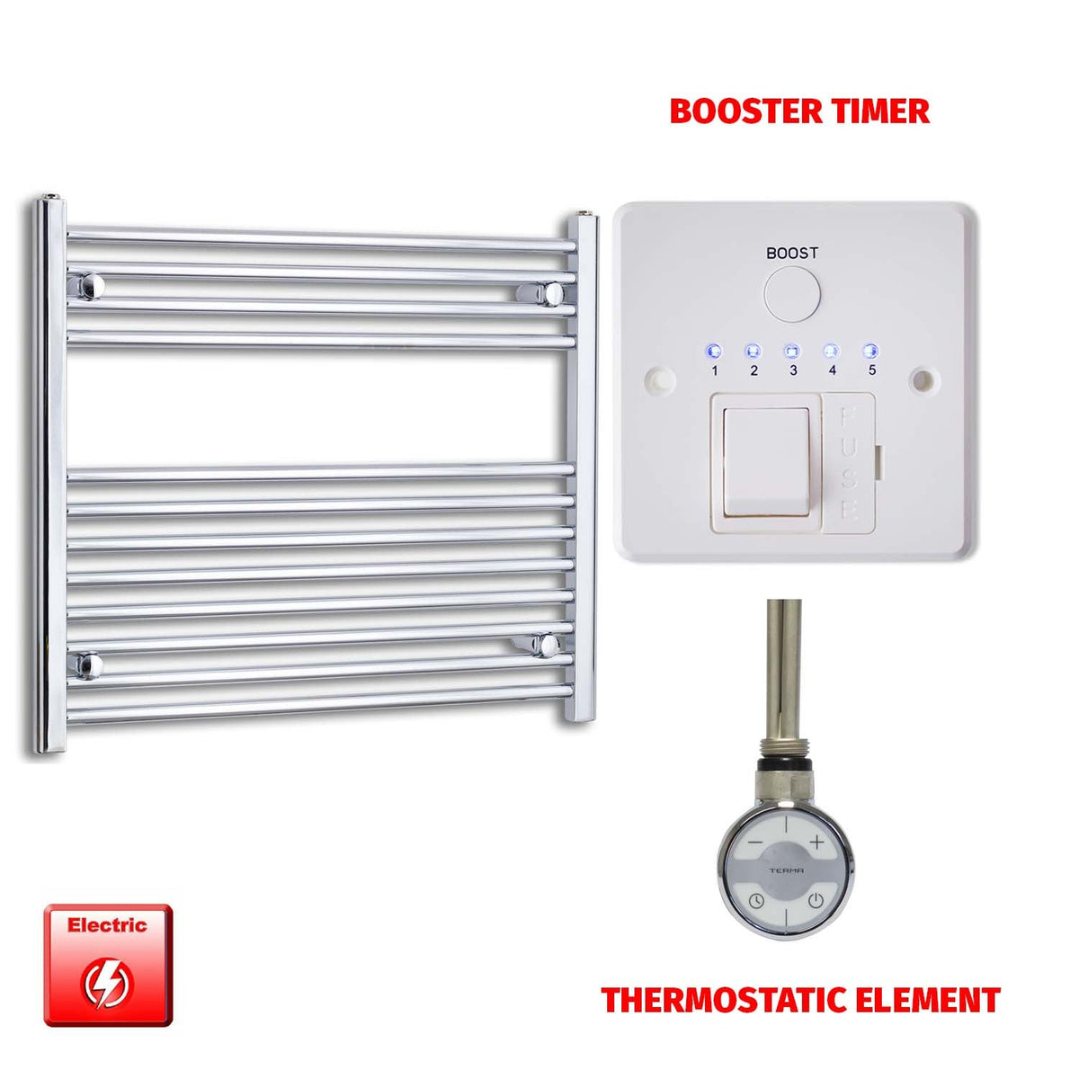 700 x 900 Pre-Filled Electric Heated Towel Radiator Straight Chrome MOA Thermostatic element Booster timer
