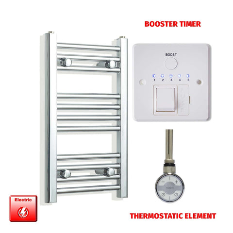 600 x 300 Pre-Filled Electric Heated Towel Radiator Straight Chrome MOA Element Booster Timer