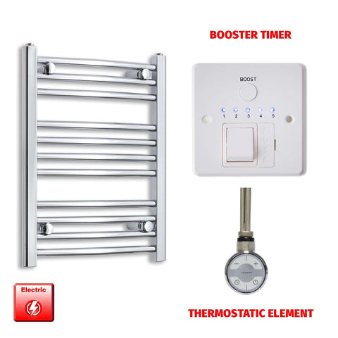 600 x 450 Pre-Filled Electric Heated Towel Radiator Straight Chrome MOA Thermostatic element Booster timer