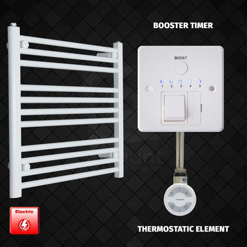600 mm High 700 mm Wide Pre-Filled Electric Heated Towel Rail Radiator White HTR MOA Thermostatic Element Booster  Timer