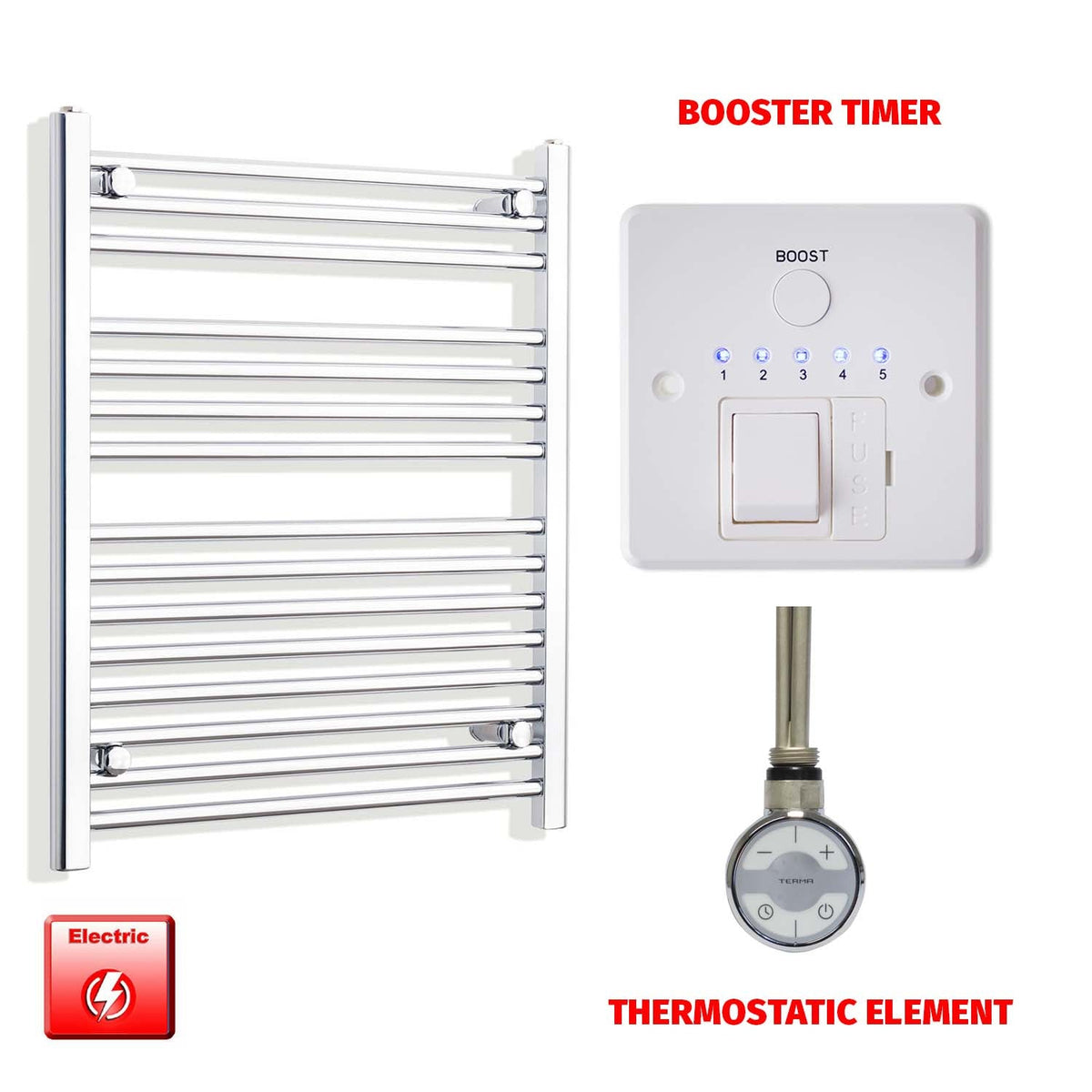 800mm High 550mm Wide Pre-Filled Electric Heated Towel Radiator Straight Chrome MOA Thermostatic element Booster timer