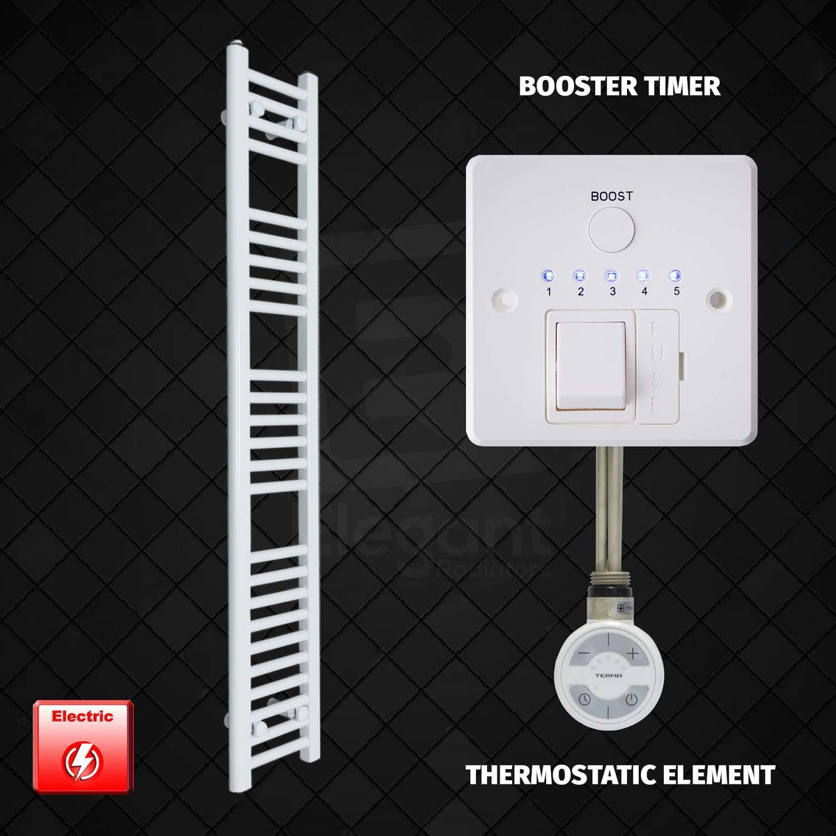 1400 mm High 250 mm Wide Pre-Filled Electric Heated Towel Rail Radiator White HTR booster timer