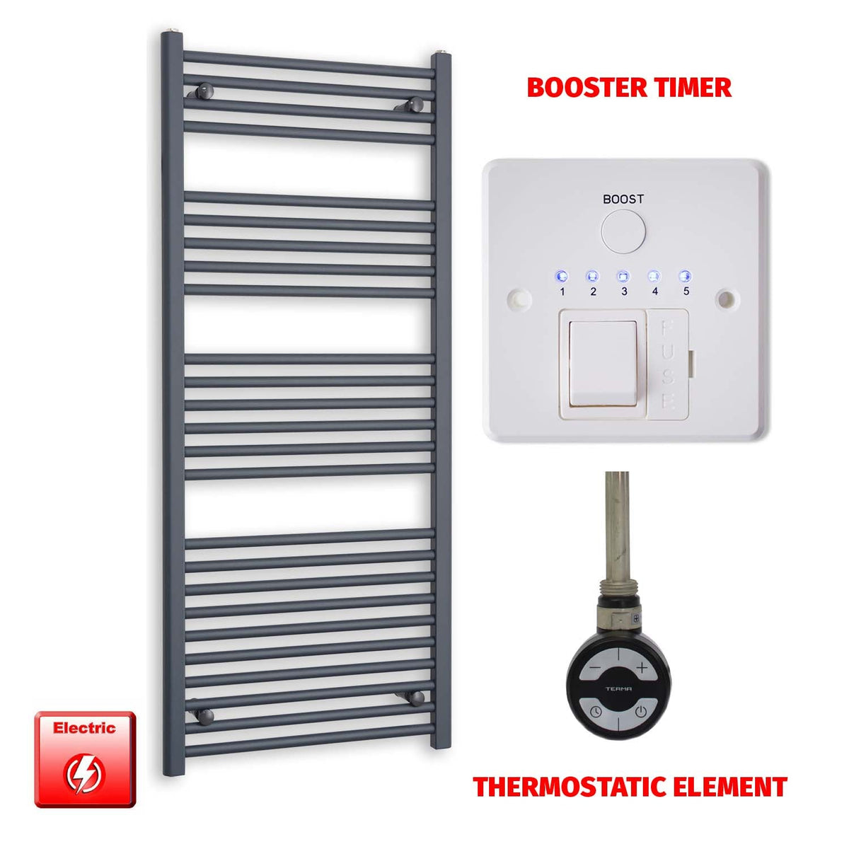 1400 x 600 Flat Anthracite Pre-Filled Electric Heated Towel Radiator HTR MOA Thermostatic element Booster timer