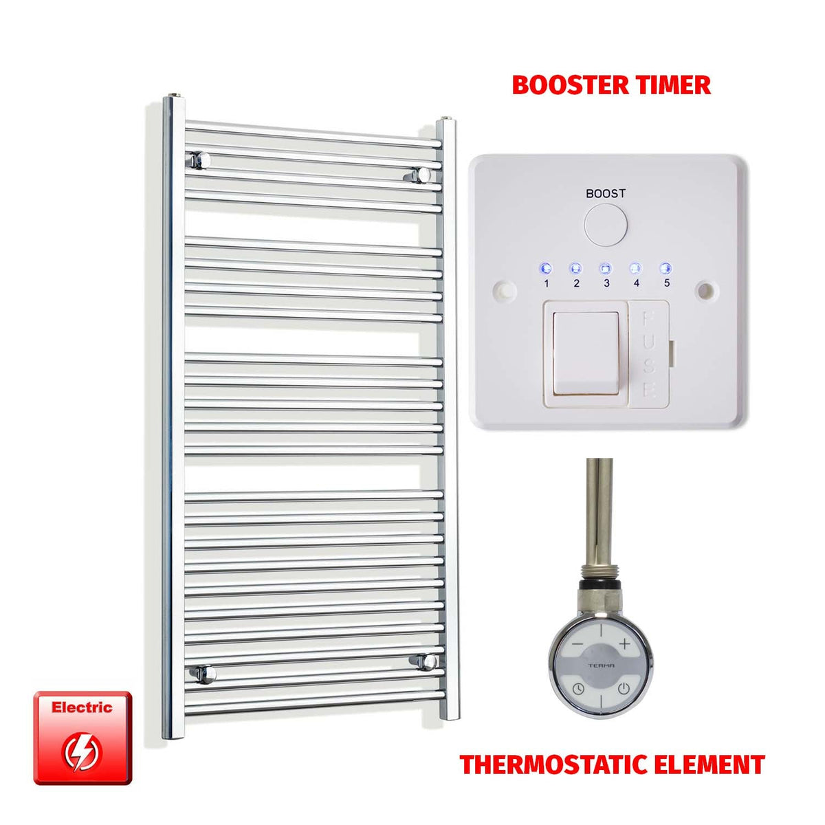 1200mm High 550mm Wide Pre-Filled Electric Heated Towel Radiator Chrome HTR MOA Thermostatic element Booster timer